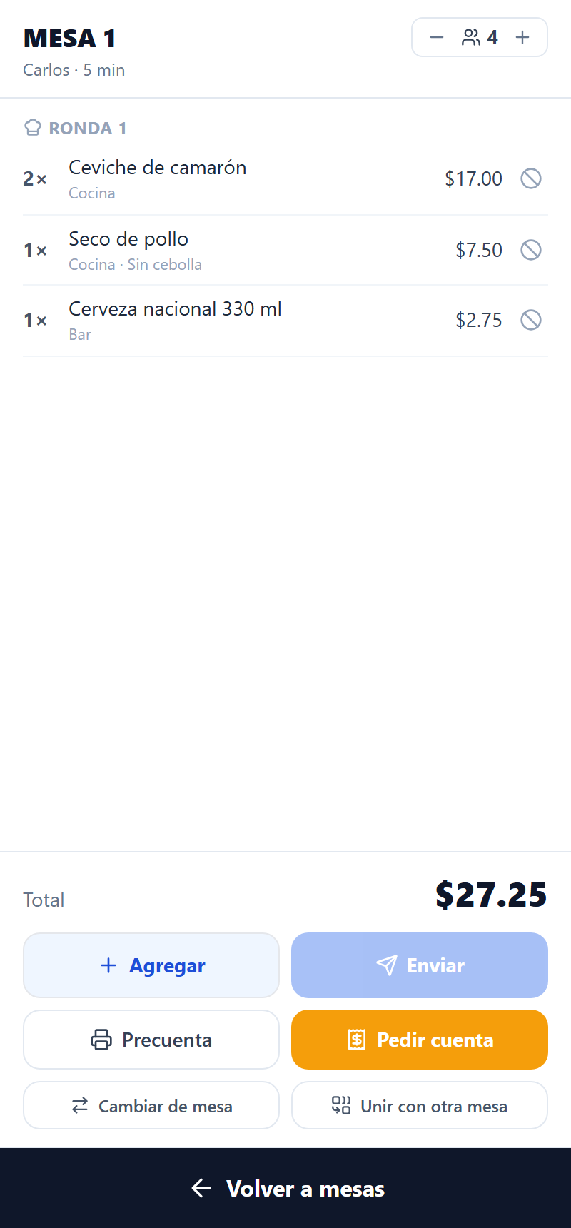 App IJMM Meseros con el pedido de una mesa